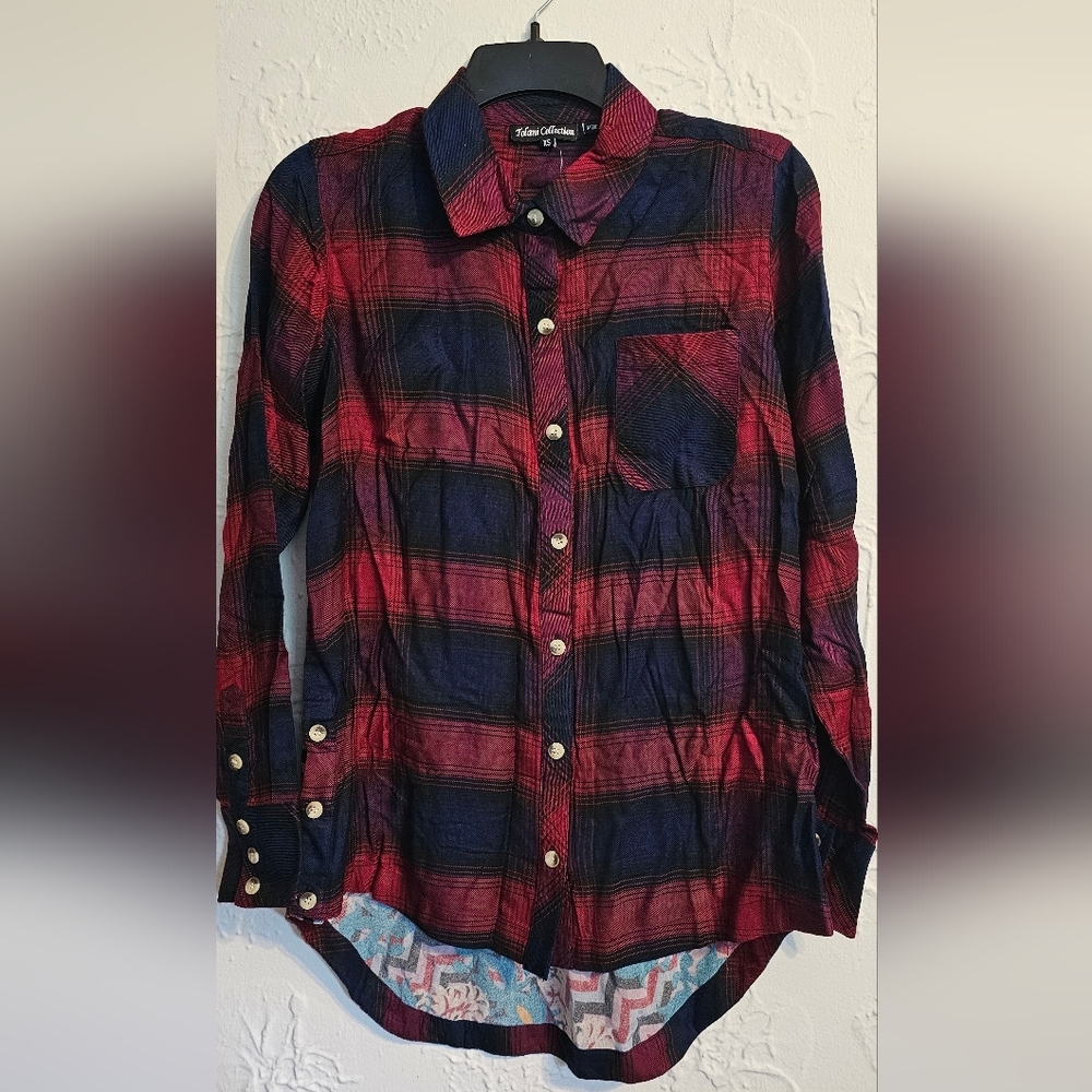 Tolani Mixed Plaid Floral Woven Long-Sleeve Full Button Top NWT XS